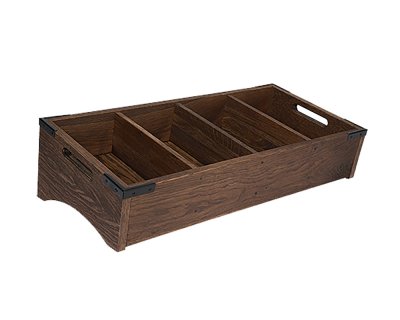 Tiltad besticklåda med fyra fack (brun med metallhörn)
